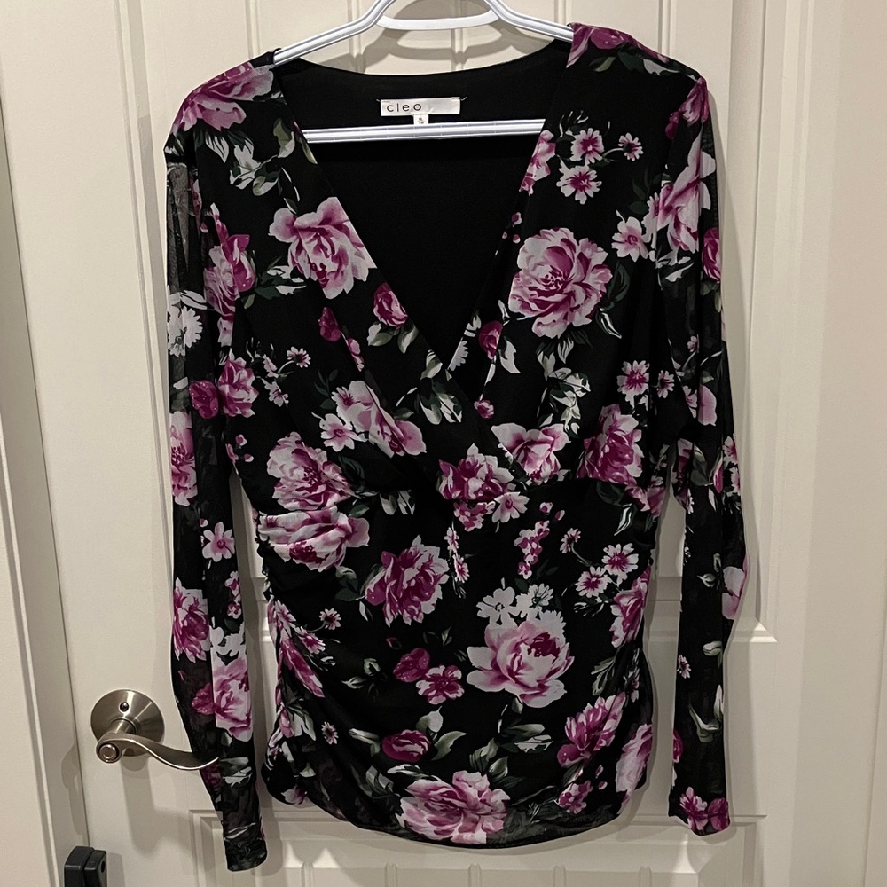 CLEO Top Long Sleeves V-neck BLACK FLORAL XL